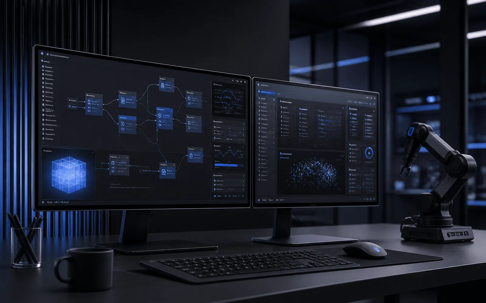 Engineers building AI automation on multiple screens