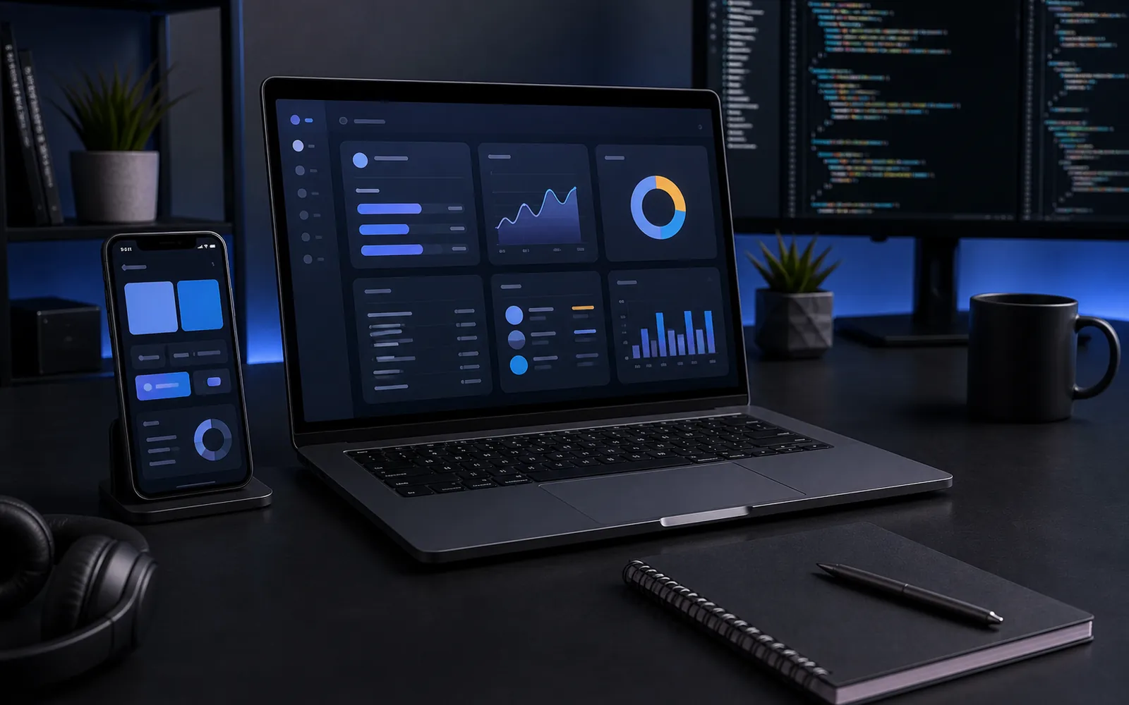 Web and mobile app dashboards on a developer desk