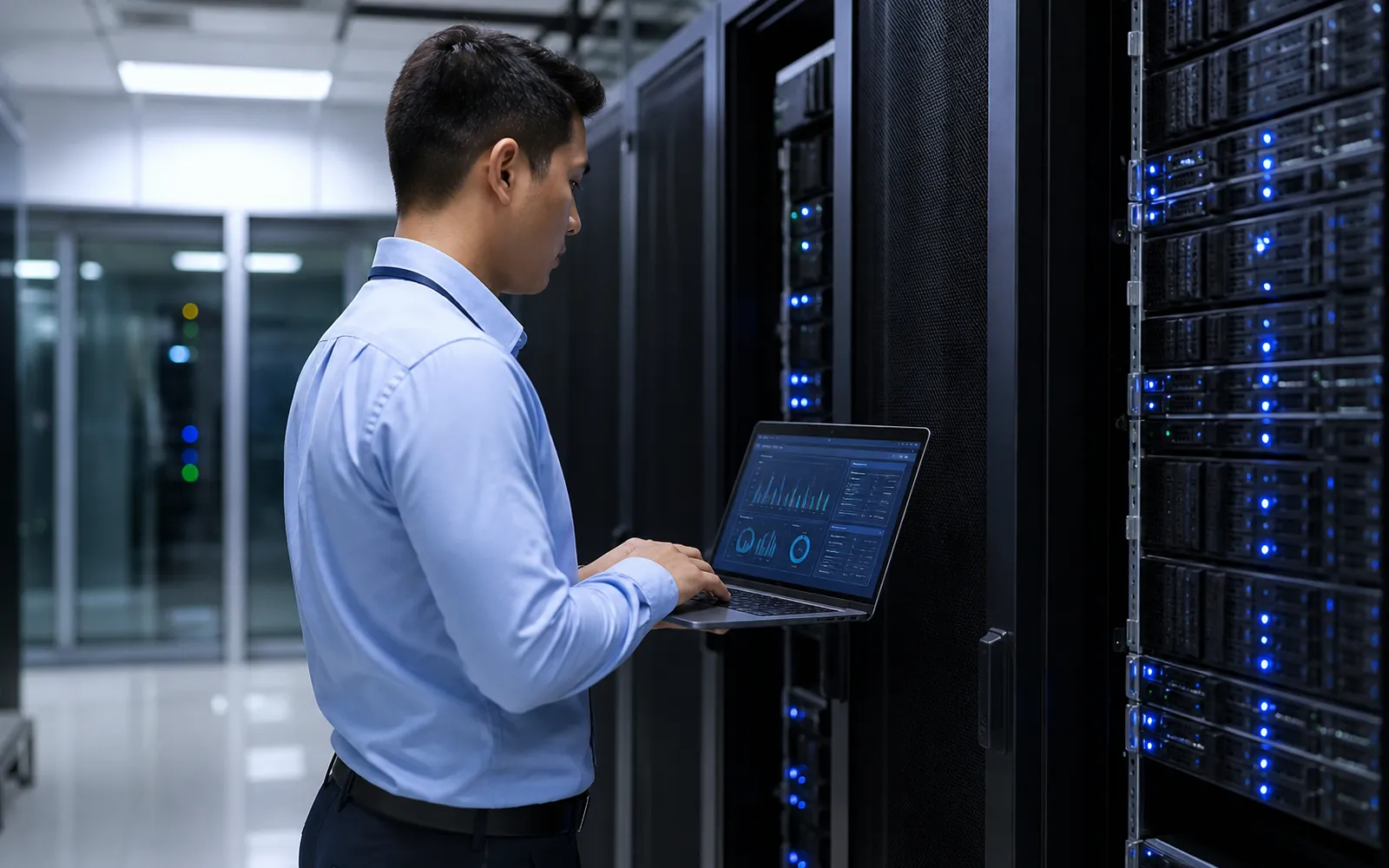 Engineer securing a server room