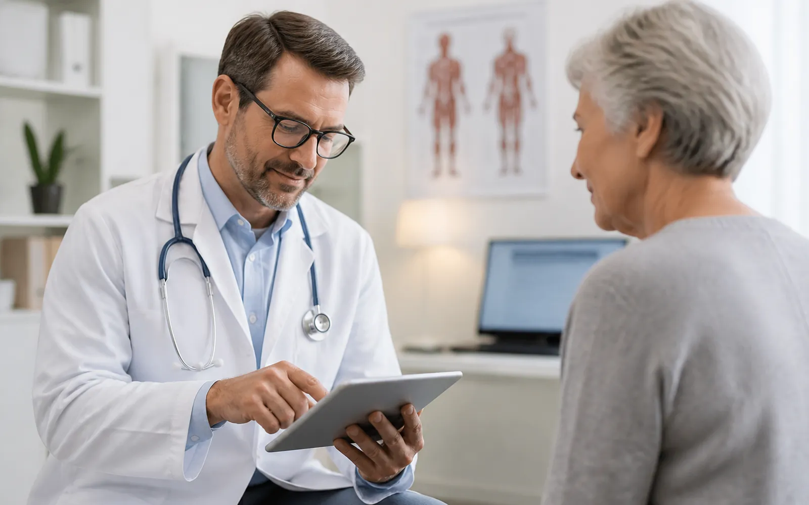Doctor reviewing results with a patient on a tablet