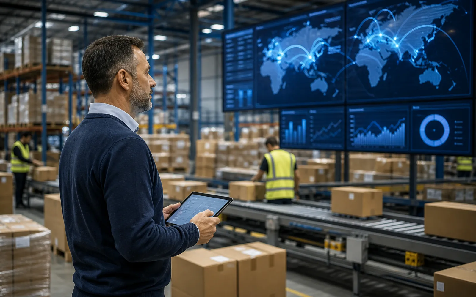 Warehouse manager checking a live logistics dashboard