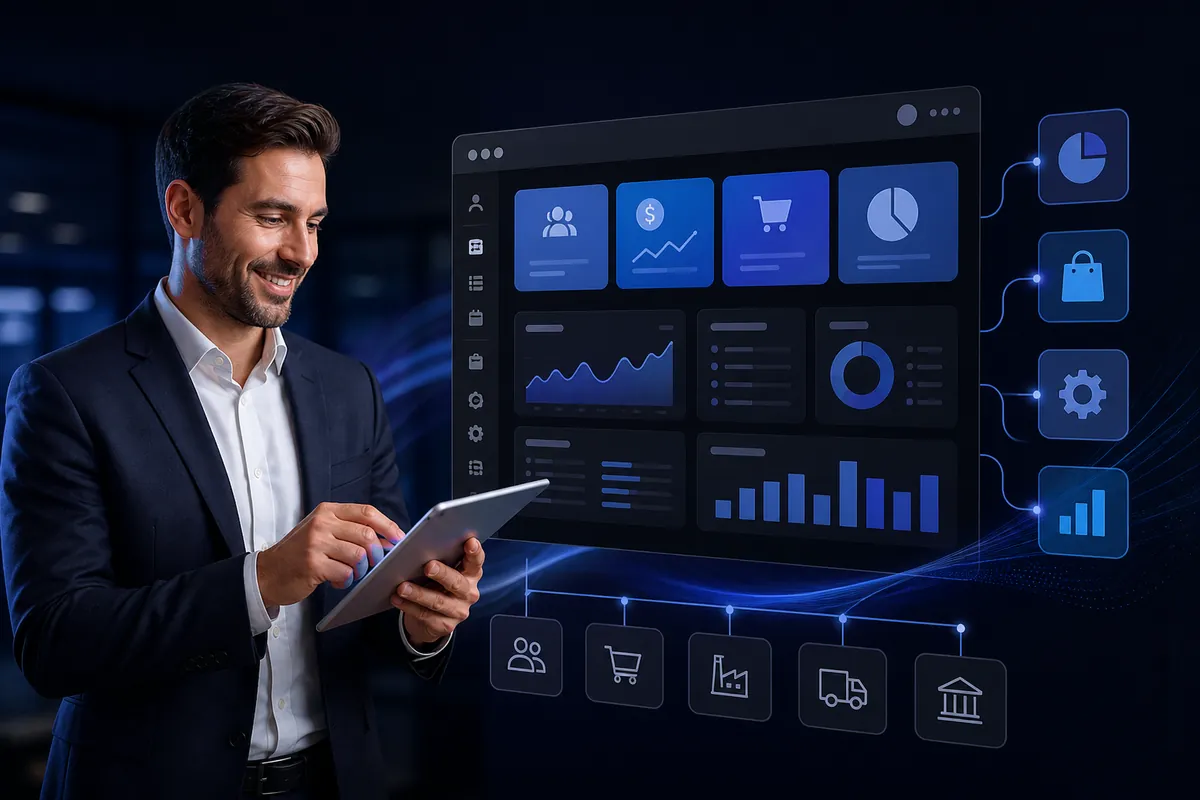 Manager using an ERP dashboard on a tablet