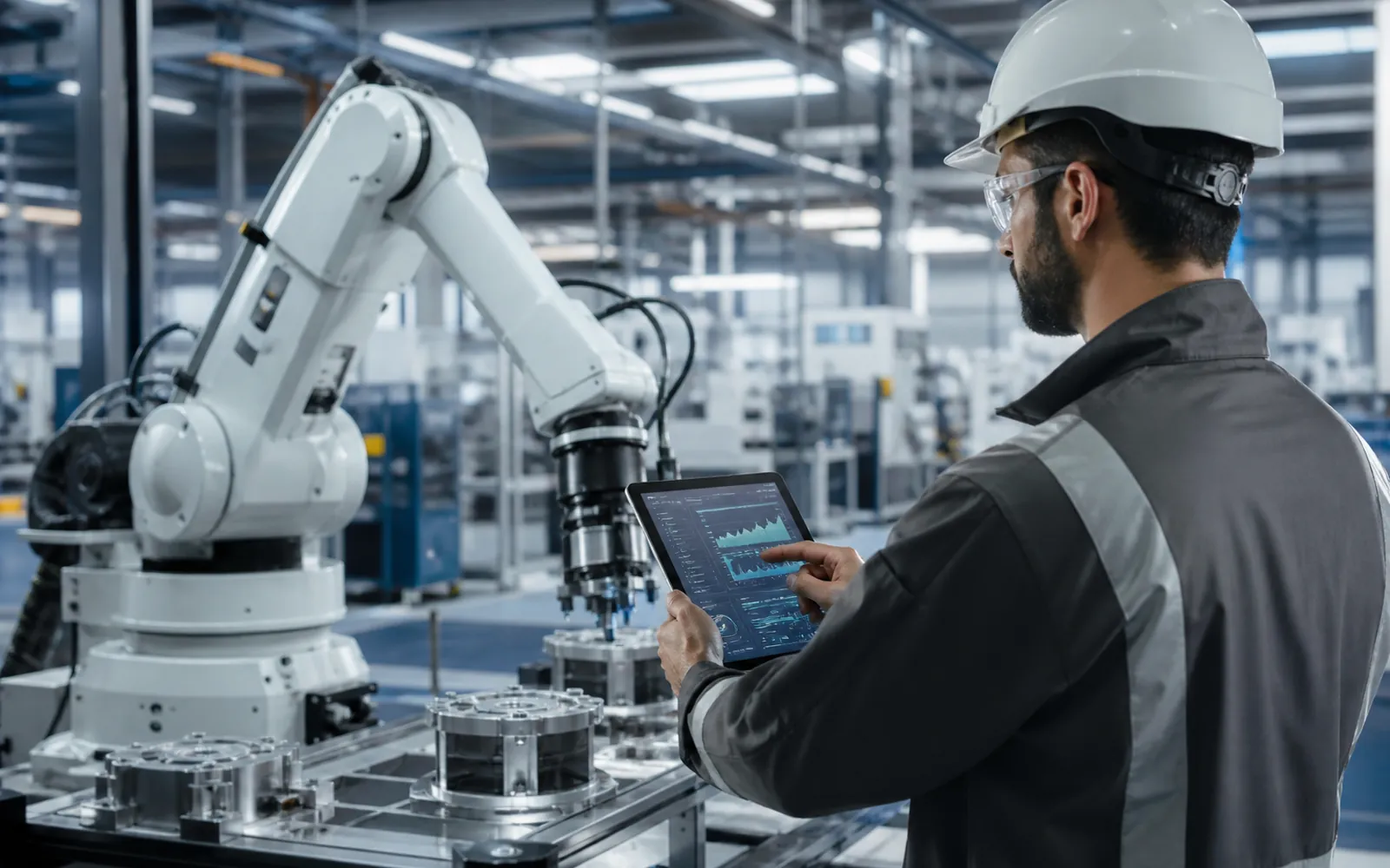 Engineer monitoring a robotic production line