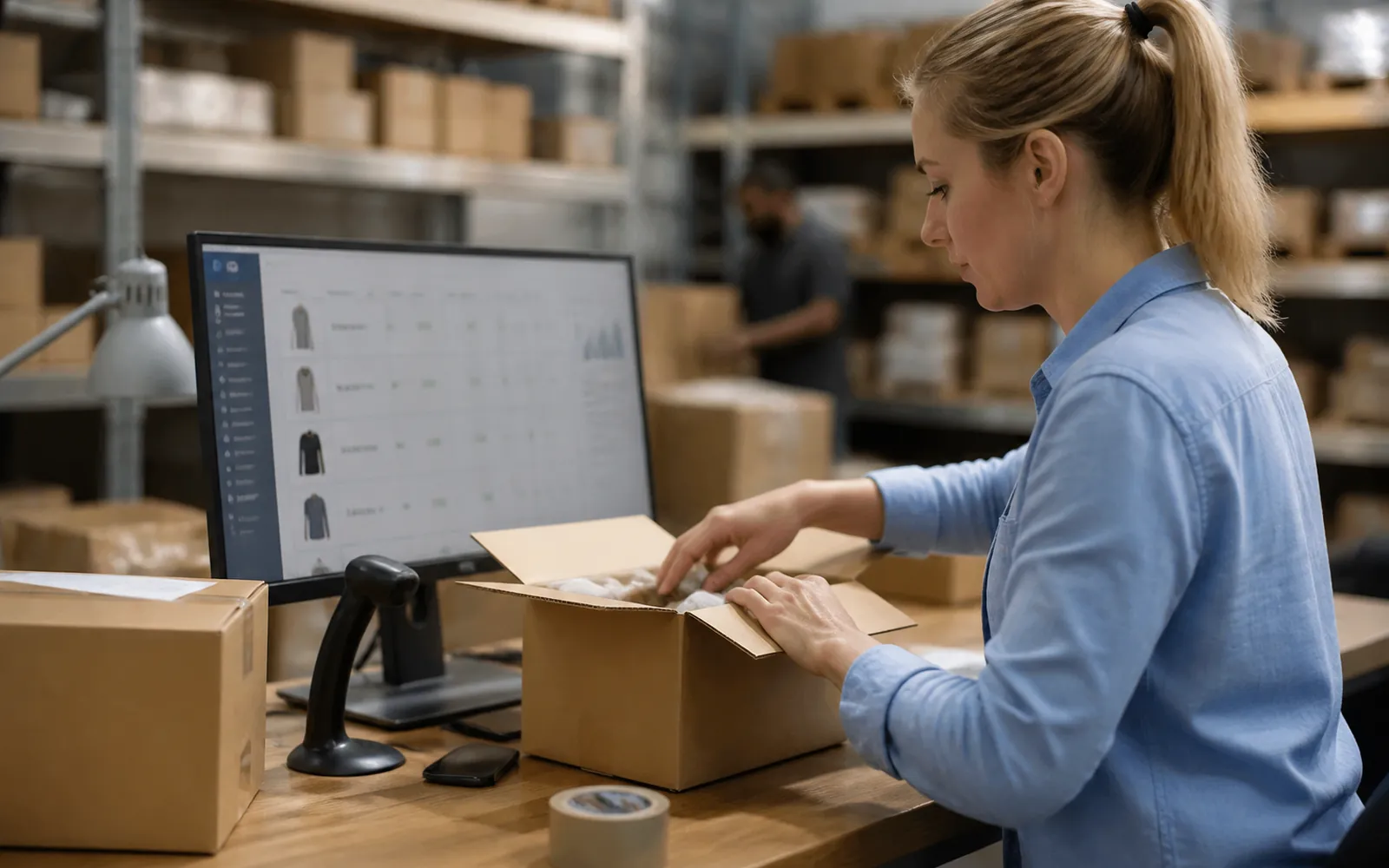 E-commerce team packing orders next to a sales dashboard