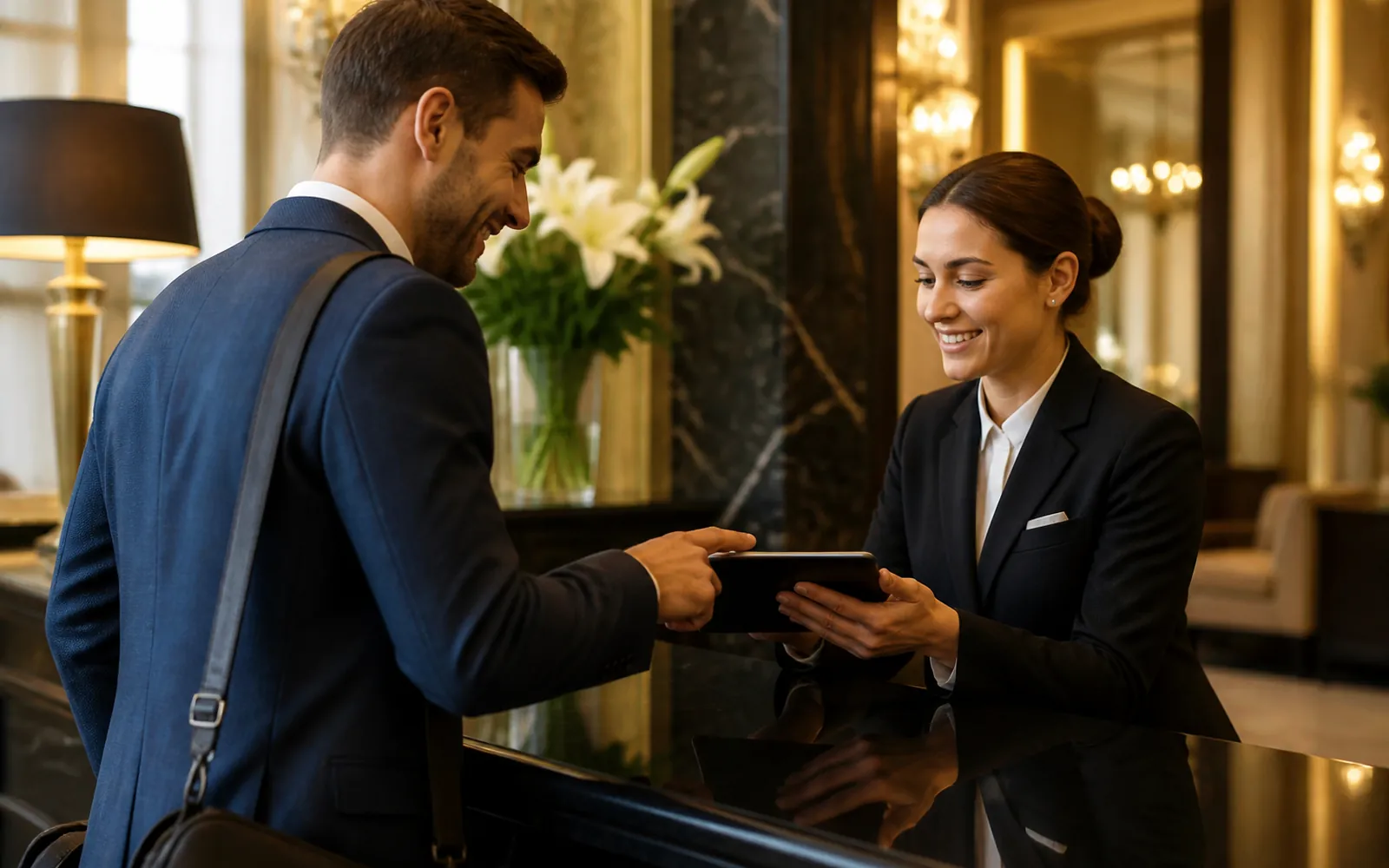 Hotel receptionist welcoming a guest